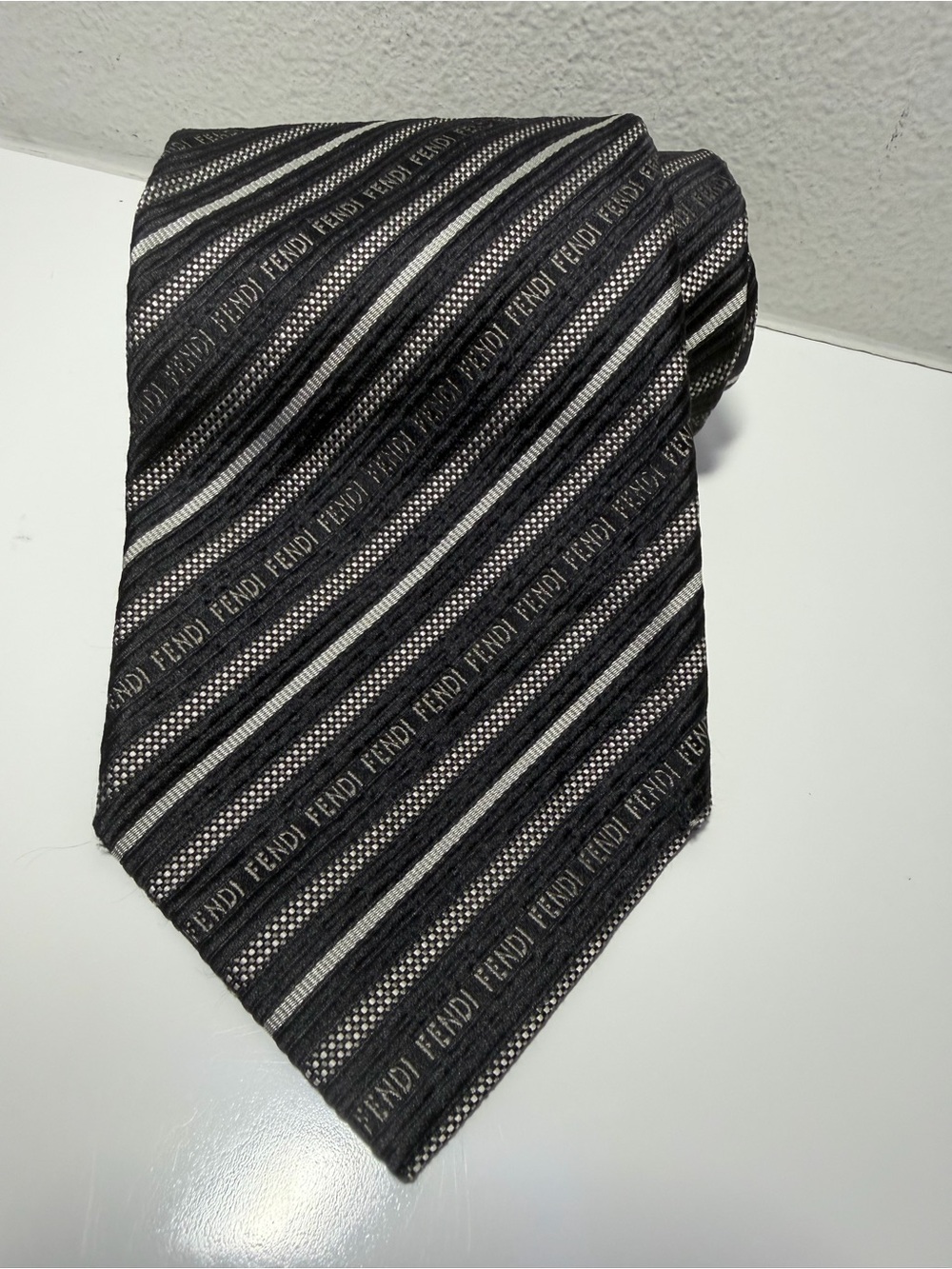 Fendi Black and Silver Diagonal Stripe Silk Tie